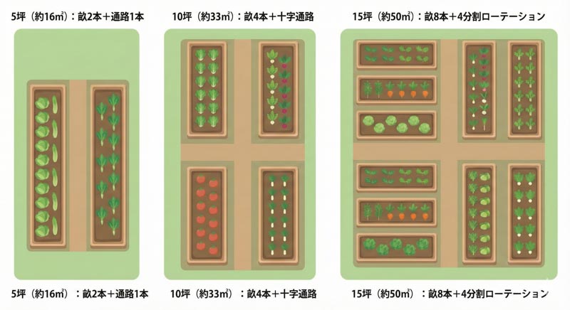畑の区画整理のやり方|野菜別畝幅早見表と広さ別レイアウトで迷わない | 和とみどりのくらしラボ