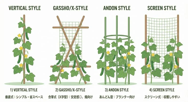キュウリネットの立て方｜支柱の種類別比較と倒れない張り方のコツ