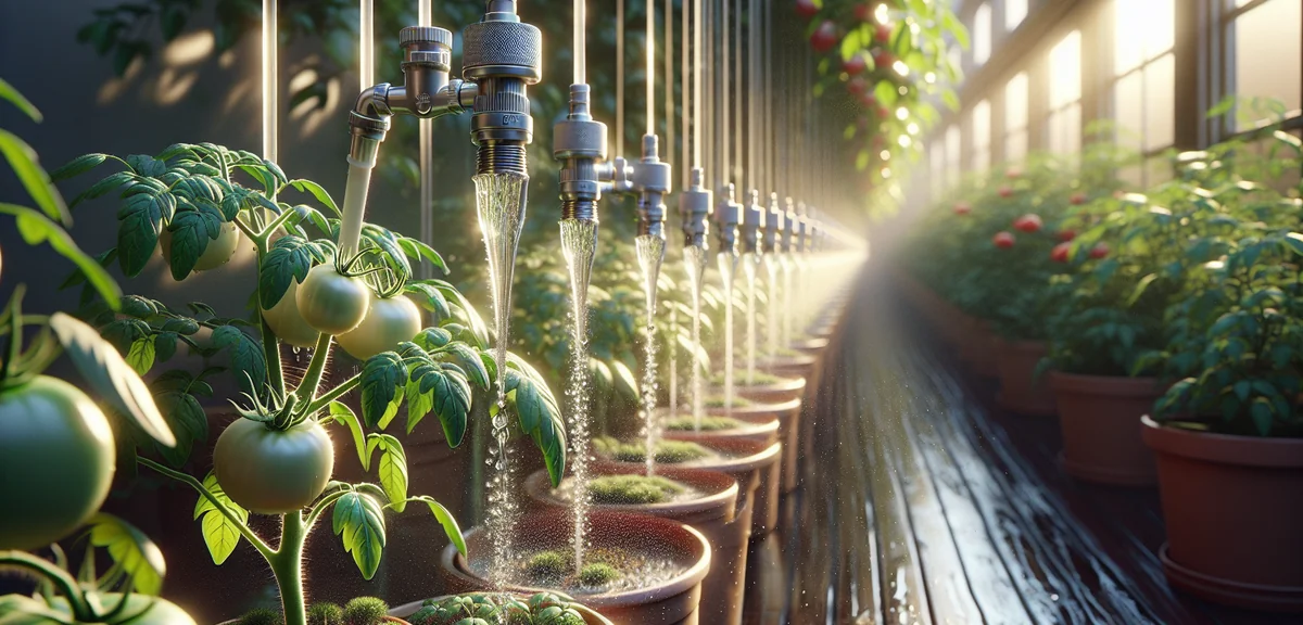 Close-up of drip irrigation emitters delivering water to the base of tomato plants in containers. Wa