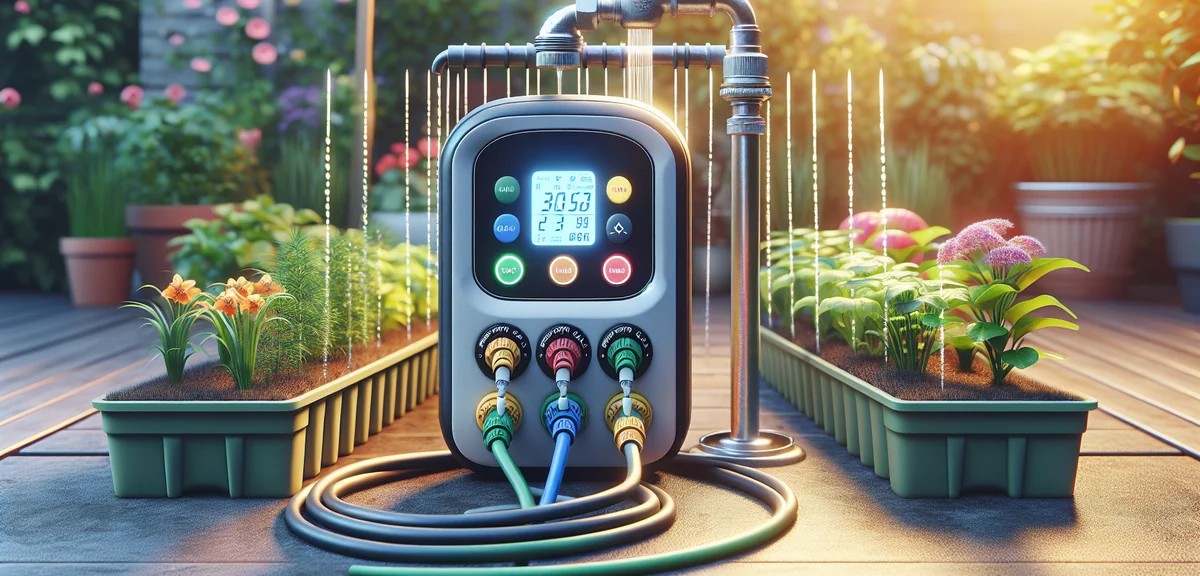 Automatic watering timer device connected to an outdoor faucet with drip irrigation tubing extending