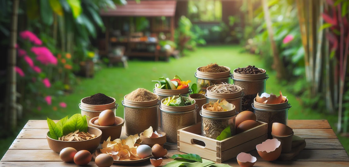 Various composting materials laid out on a wooden table including vegetable scraps, fallen leaves, c