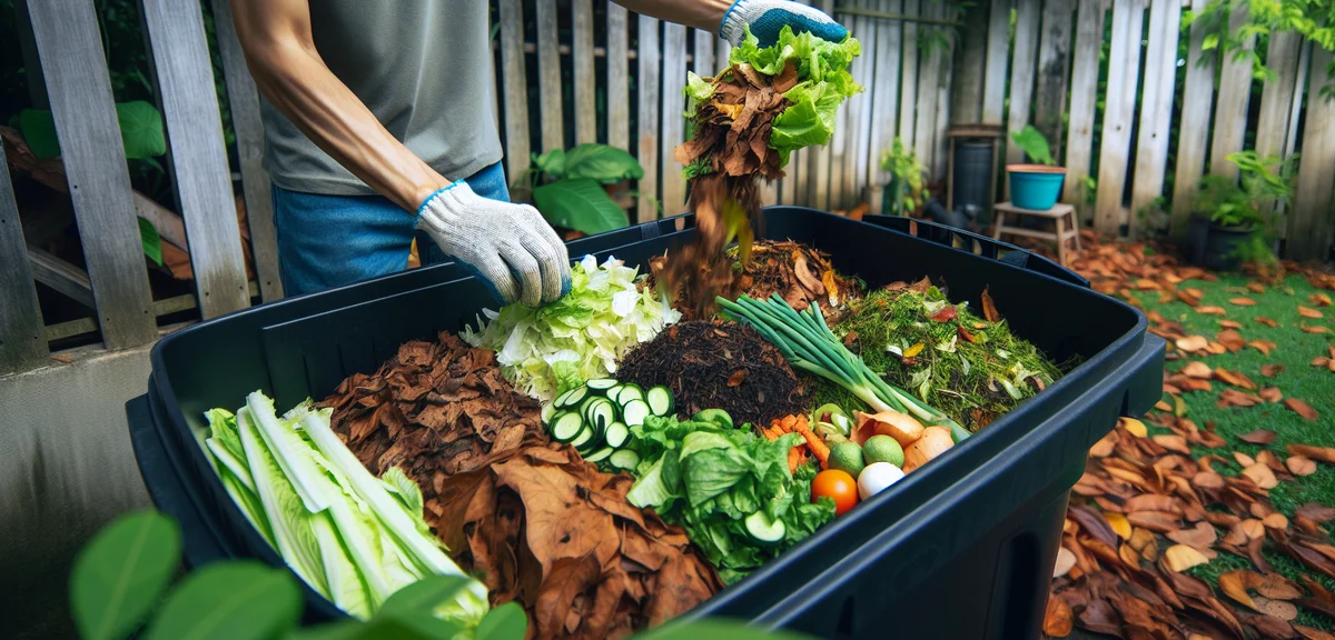 A person layering brown fallen leaves and green vegetable scraps into a black plastic composter bin 
