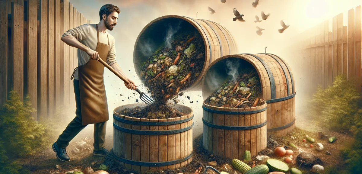 A gardener turning compost in a bin with a pitchfork, showing dark rich decomposed material at the b