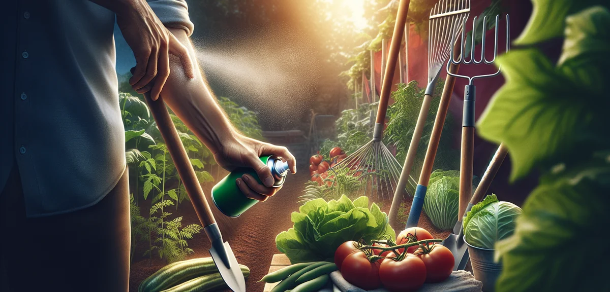 Close-up of a person applying insect repellent spray to their arm before garden work. Garden tools a