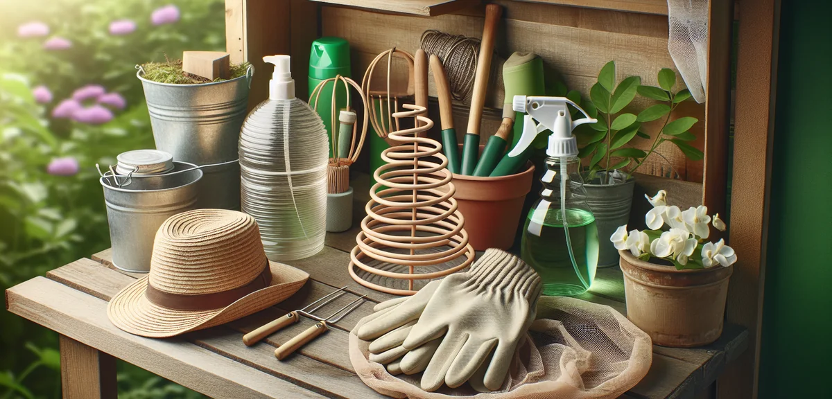 A well-organized garden workspace showing various insect repellent items: a mosquito coil, spray bot
