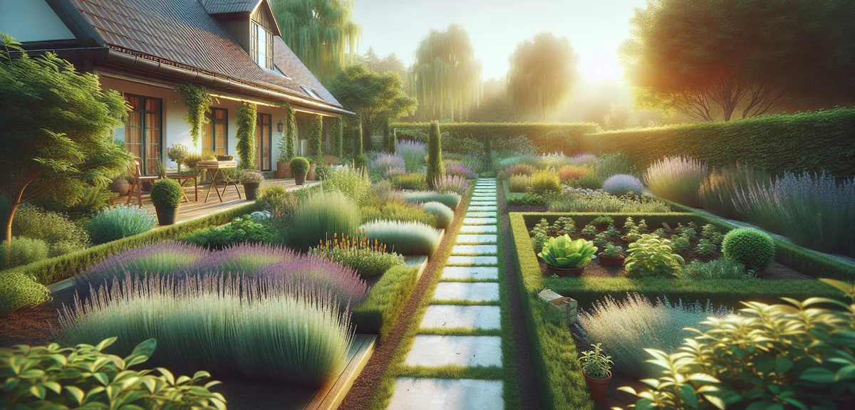 A tidy home garden with herb plants like lavender and basil planted around the edges as natural inse