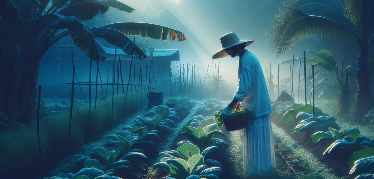 A person wearing white long sleeves and a wide-brimmed hat working in a vegetable garden during earl
