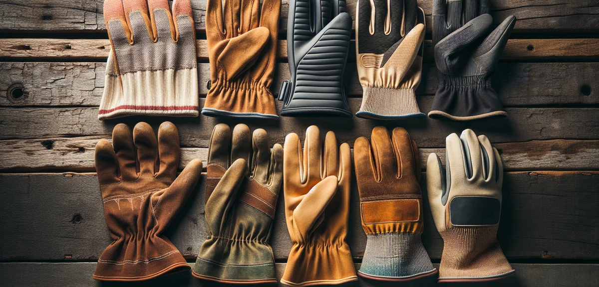 Close-up of different types of gardening gloves arranged in a row - cotton, rubber coated, leather,