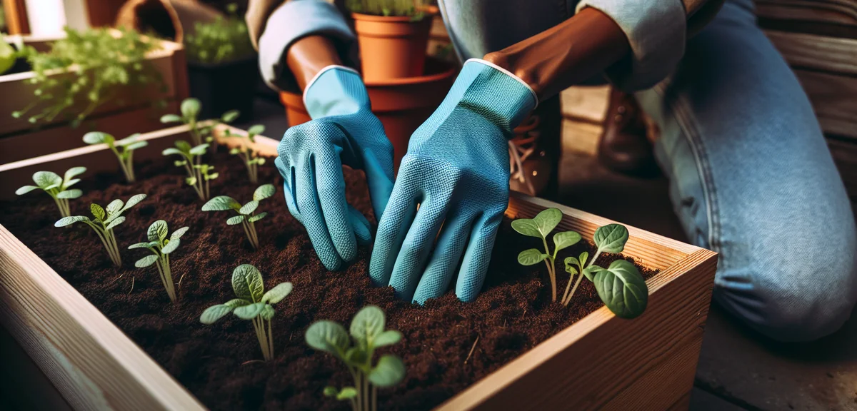 A person wearing nitrile coated gardening gloves while planting seedlings in a small raised bed. Sof