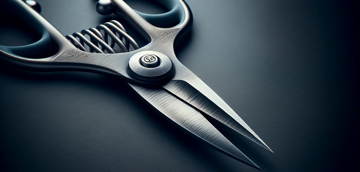 Close-up of garden scissors blades showing the sharp edge and quality metal construction. Macro phot