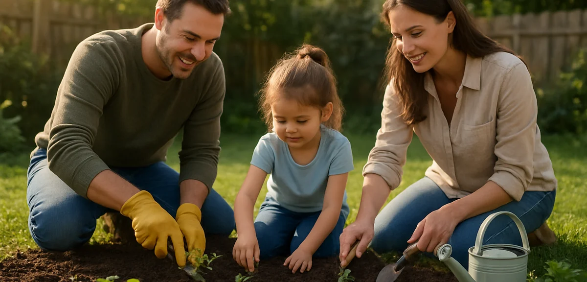 Family preparing a backyard garden during a sunny golden week morning with seedlings and tools. Phot