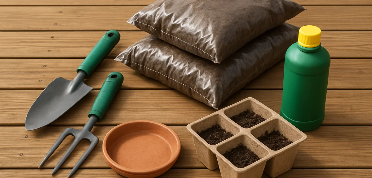 Garden tools, soil bags, fertilizer, and seedling pots organized on a wooden deck before garden work