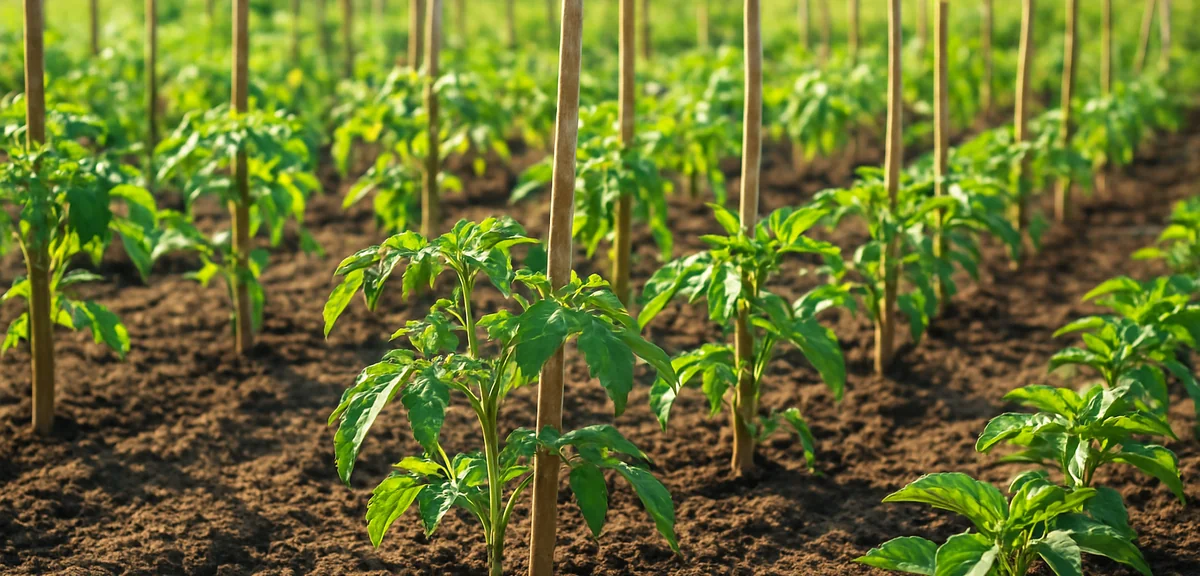 A flourishing vegetable garden with neat rows of staked tomato and pepper seedlings in early summer 