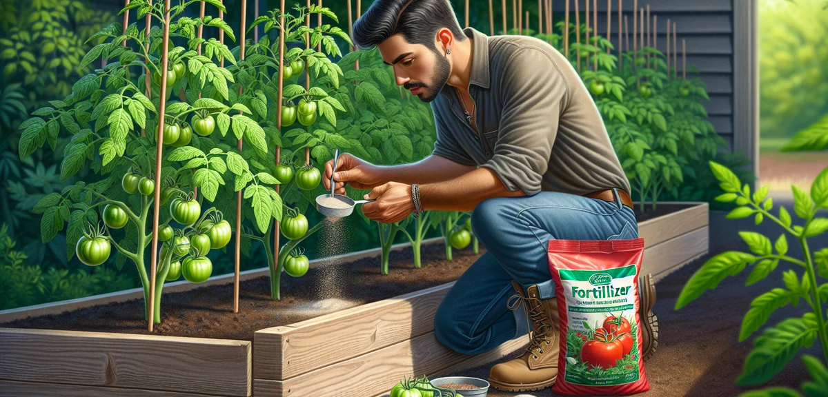 A gardener applying granular fertilizer around the base of tomato plants in a raised garden bed, wit