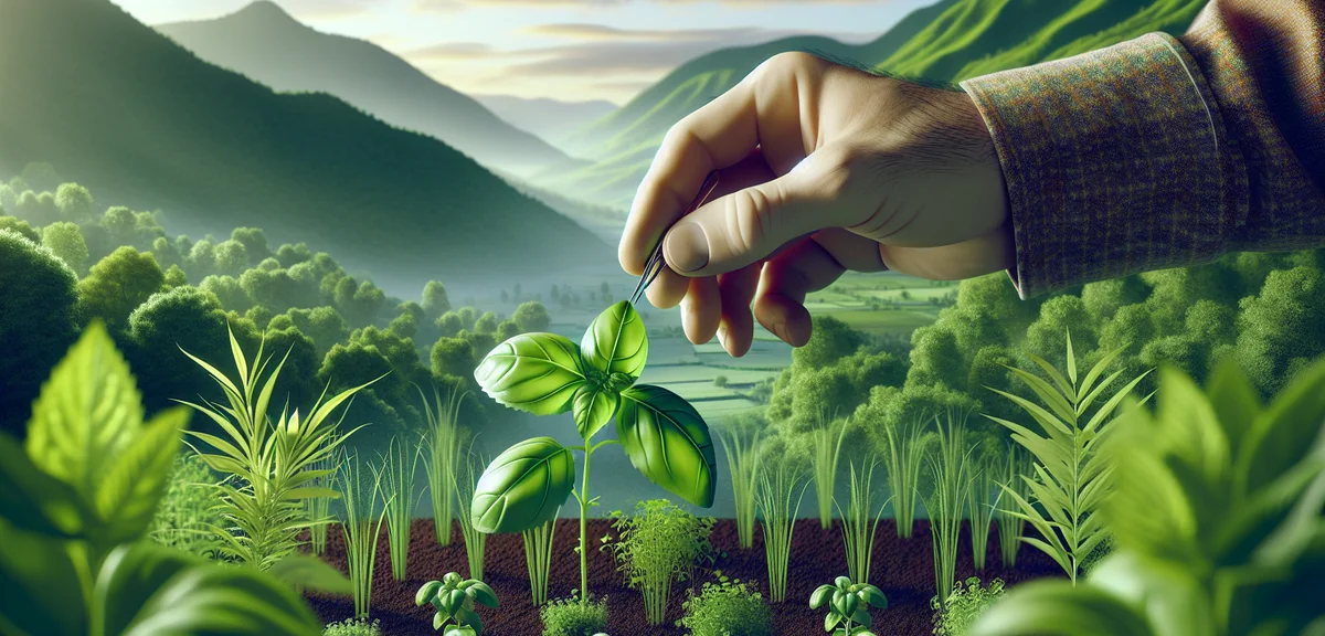 Close-up of hands pinching off the growing tip of a basil plant, showing the technique of removing t