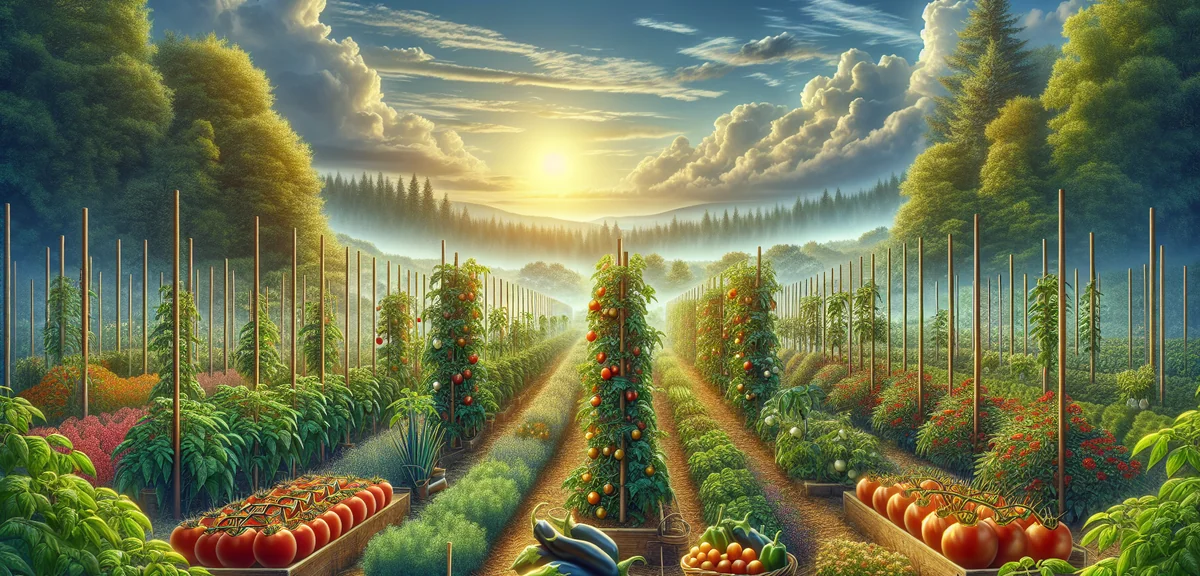 A lush vegetable garden with staked tomato plants showing proper pruning technique, alongside pepper