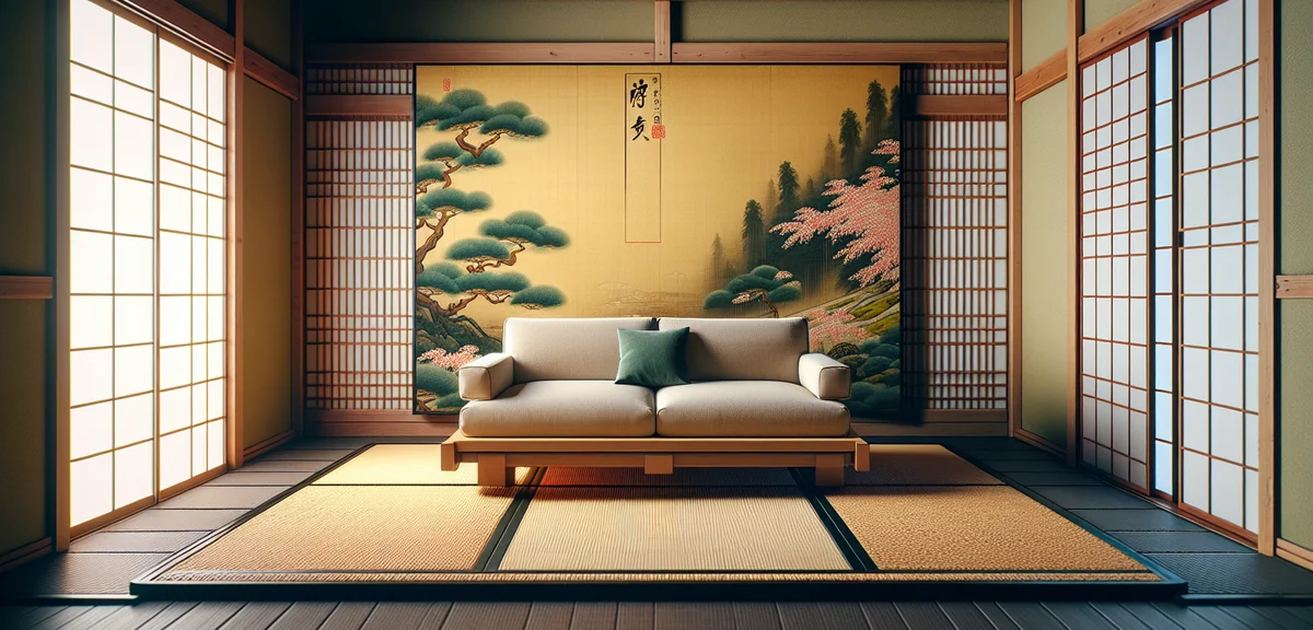 Cork mat placed under a low sofa on tatami floor, showing protection method for Japanese room furnit