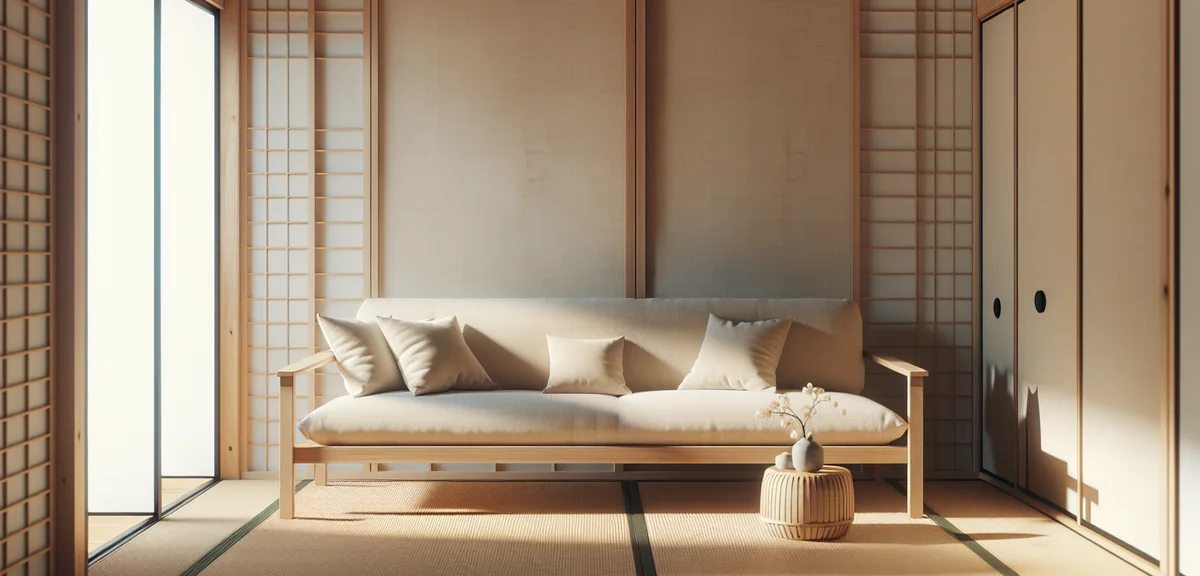 Fabric sofa with wooden frame in Japanese tatami room, beige cushions, natural light, minimalist sty