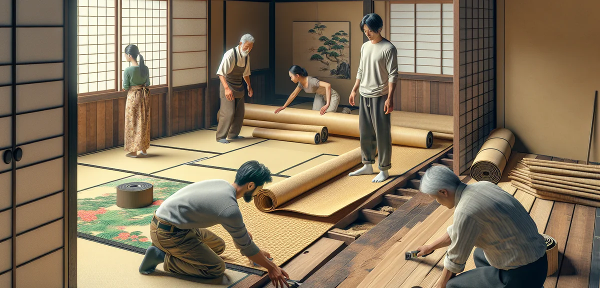 Japanese tatami room being renovated, tatami removed showing wooden subfloor, workers installing flo