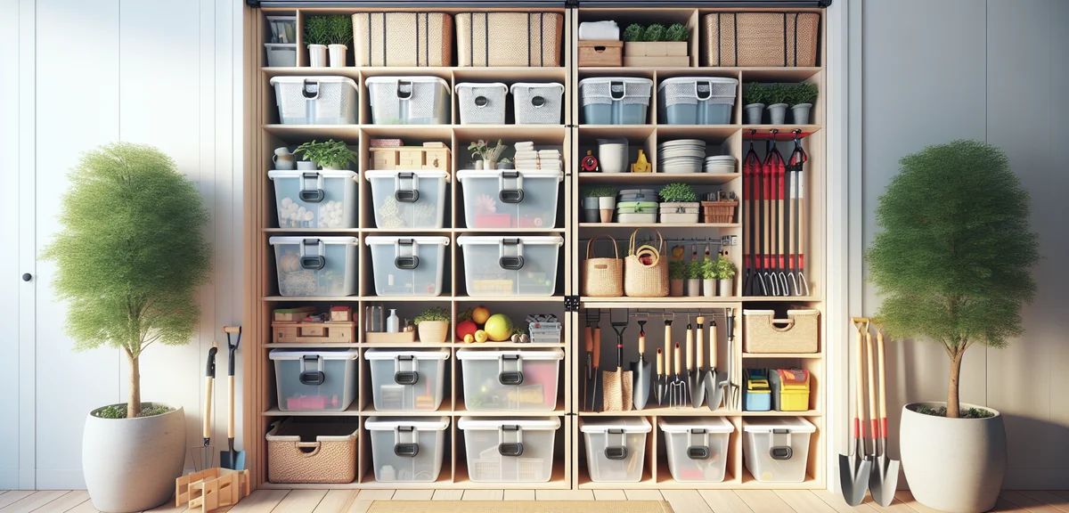 Japanese oshiire closet interior with organized storage, plastic containers with wheels on bottom sh
