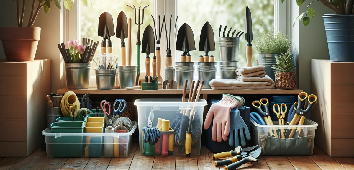 Garden tools organized in plastic containers and buckets, including trowels, gloves, and pruning she