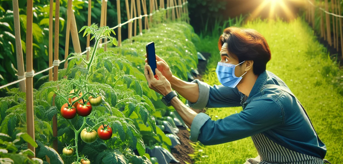 Person using smartphone in vegetable garden, taking photo of tomato plants, sunny day, casual garden