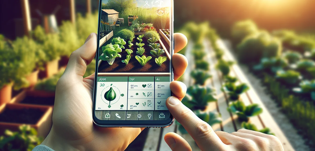 Close-up of smartphone screen showing gardening app with plant growth photos and calendar entries, h