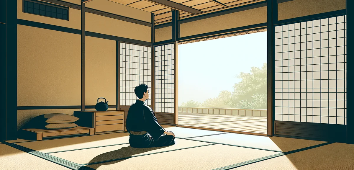 Person relaxing on tatami floor in Japanese room, natural light from window, green garden visible ou