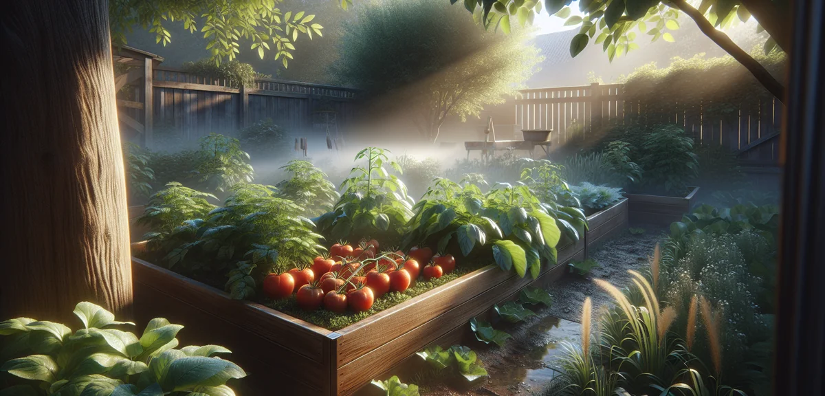 Small vegetable garden with tomatoes and leafy greens, wooden raised bed in backyard, morning dew on