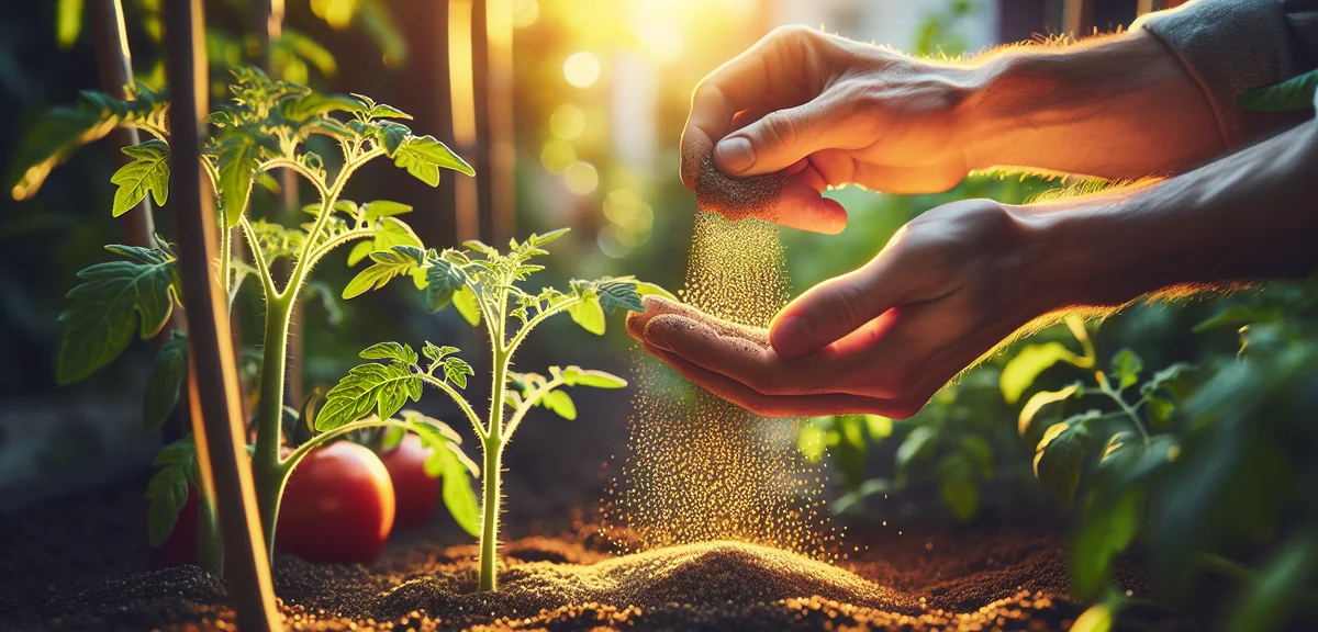 Hands applying granular fertilizer around base of tomato plant in home garden, close-up shot, mornin