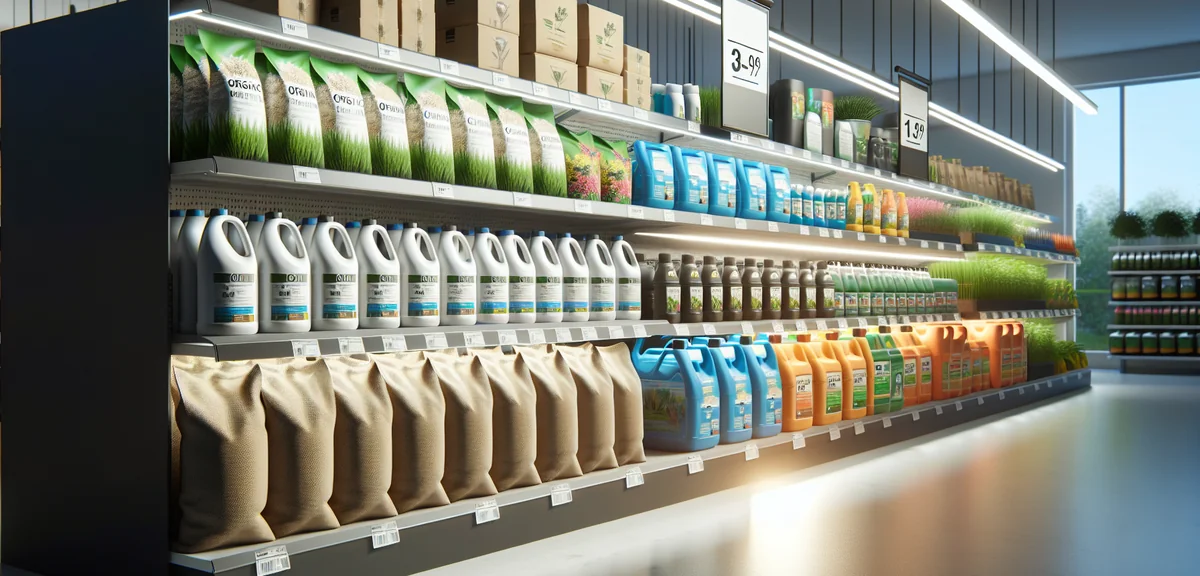 Fertilizer bags and bottles displayed at garden center store shelf, variety of organic and chemical
