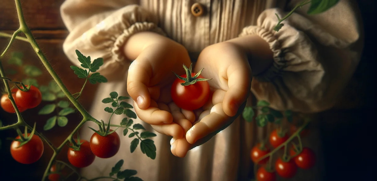 A close-up of a child's small hands gently holding a freshly picked cherry tomato, with more tomatoe