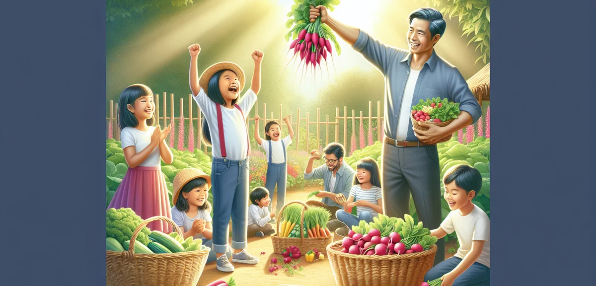 Several children and a parent harvesting vegetables in a sunny garden. One child holds up a bunch of