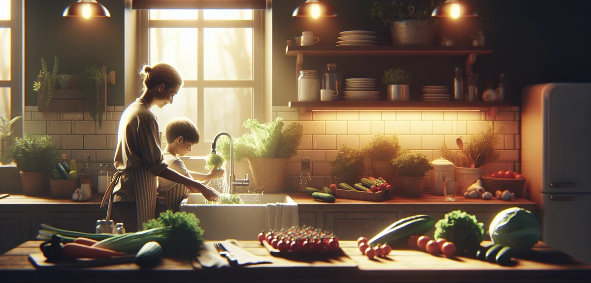 A family kitchen scene with a parent and child washing freshly harvested vegetables at the sink. Che