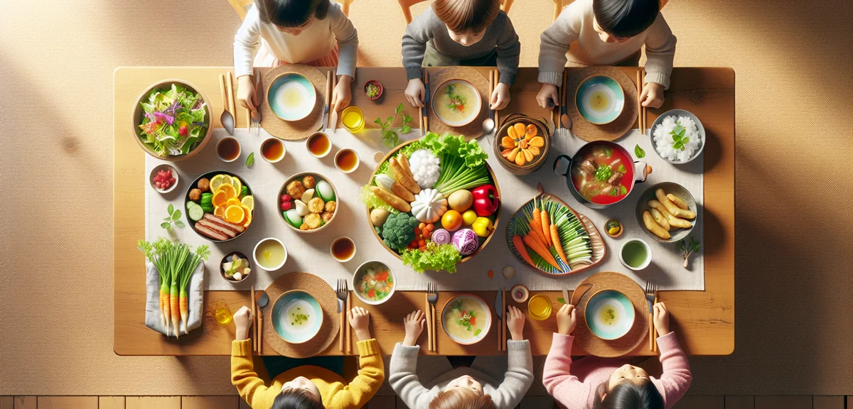 An overhead view of a dinner table with a family meal featuring home-grown vegetables. Small hands r