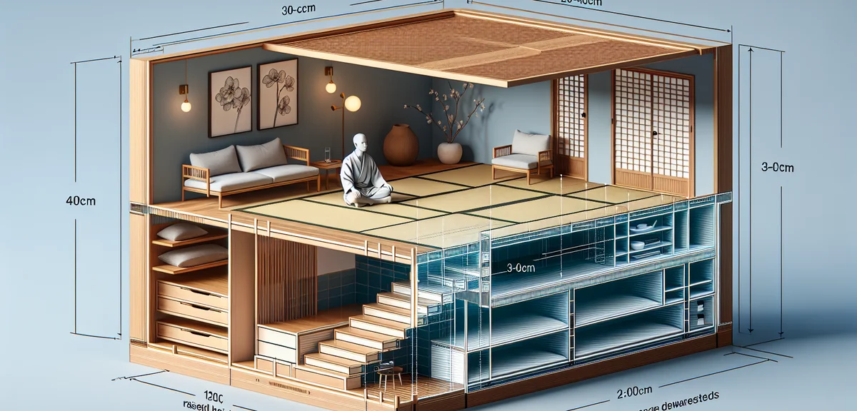 A cross-section diagram showing the recommended height dimensions (30-40cm) of a raised tatami platf