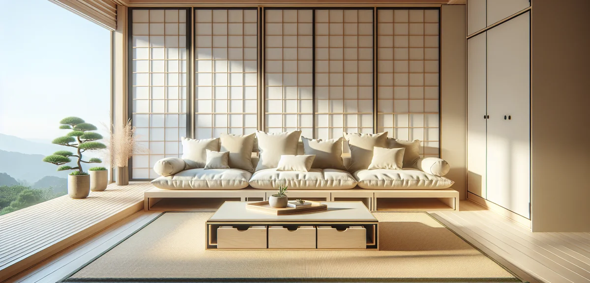 A bright modern living room with a 3-tatami-mat raised platform (koagari) next to a sofa area. The p