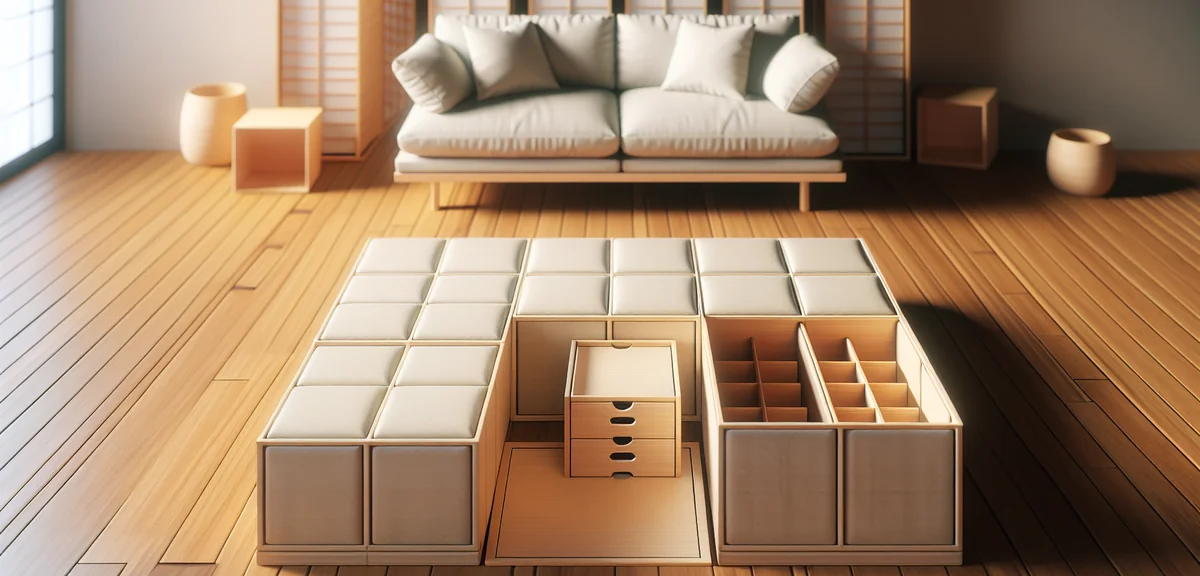 Several modular tatami storage units arranged together on a wooden floor to form a raised platform. 