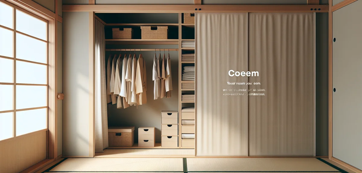 A Japanese oshiire closet with fusuma sliding doors removed, replaced by a light linen curtain for a