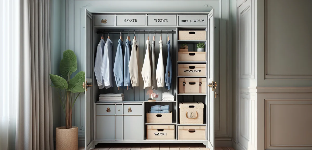 Inside a Japanese oshiire closet converted to a clothing storage space. A hanger rack with neatly ar