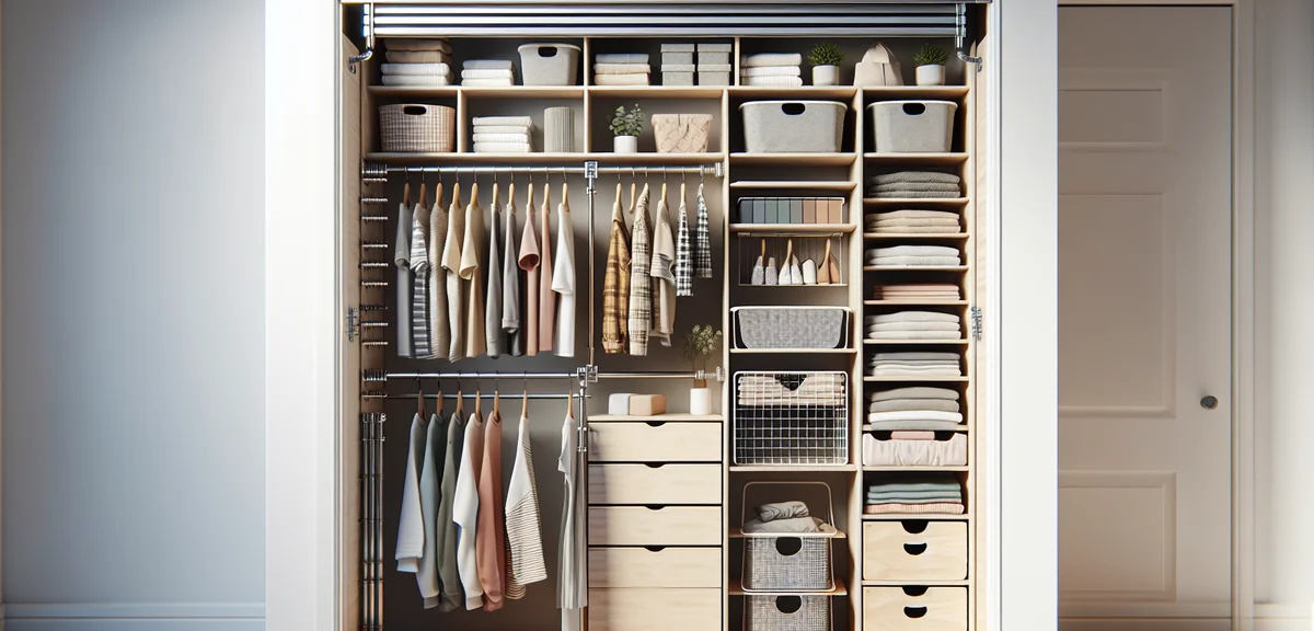 A rental-friendly oshiire closet conversion using tension rods, stacking storage bins, and a wire ba