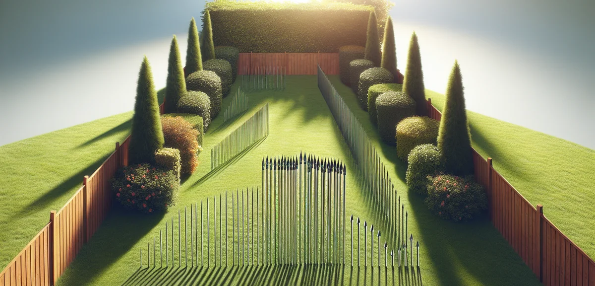 Various garden stakes of different sizes laid out on grass, showing comparison of lengths and thickn