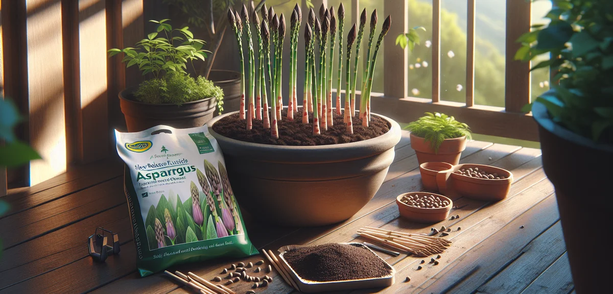 A large deep round planter at least 40cm deep filled with rich dark potting soil, with a packet of a