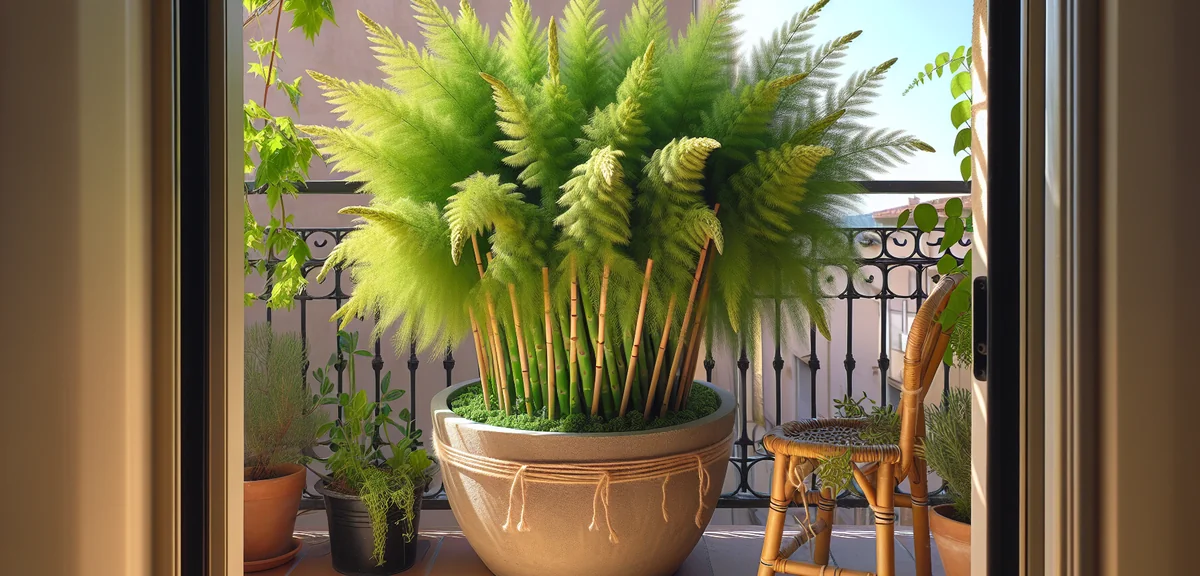 A tall asparagus plant in a large planter during summer, with feathery fern-like foliage about 1 met