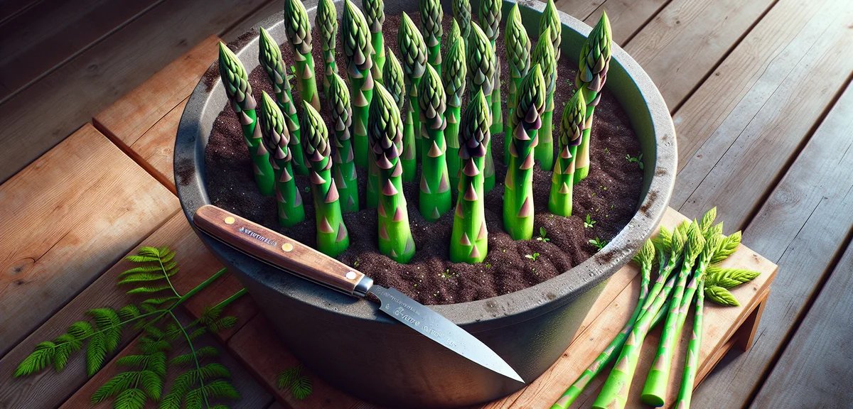 Several thick green asparagus spears about 20cm tall emerging from dark soil in a large deep planter