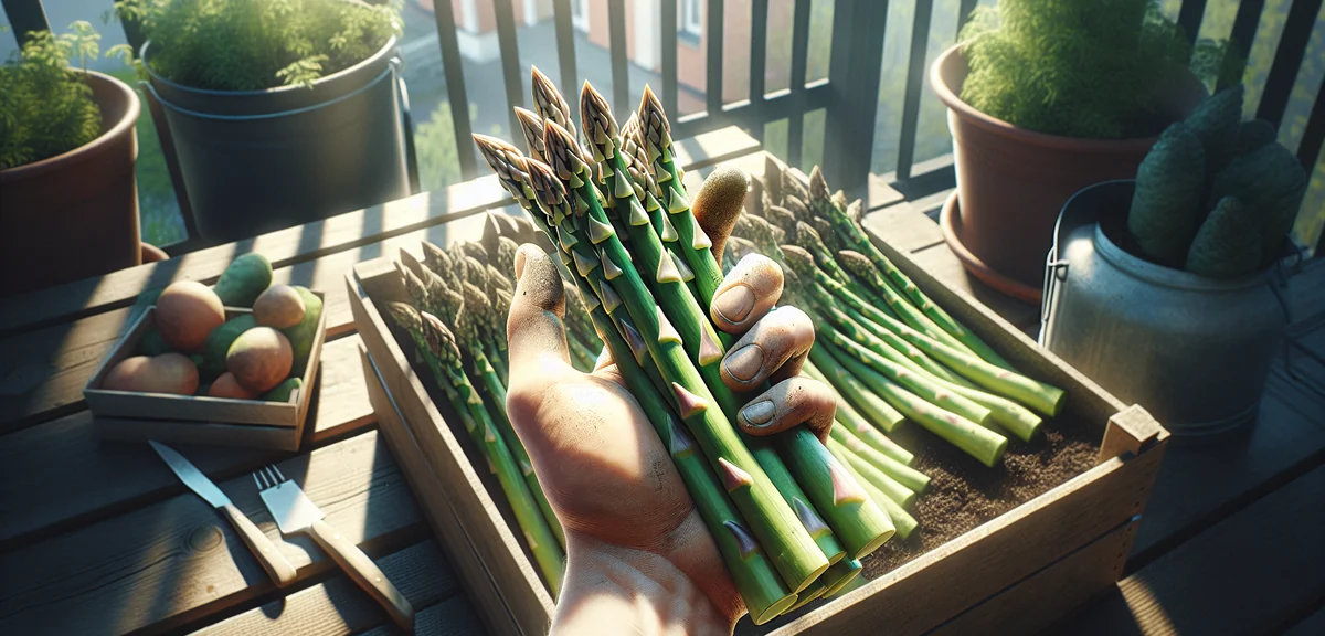 Close-up of a freshly harvested thick green asparagus spear held in a hand, with the planter and rem