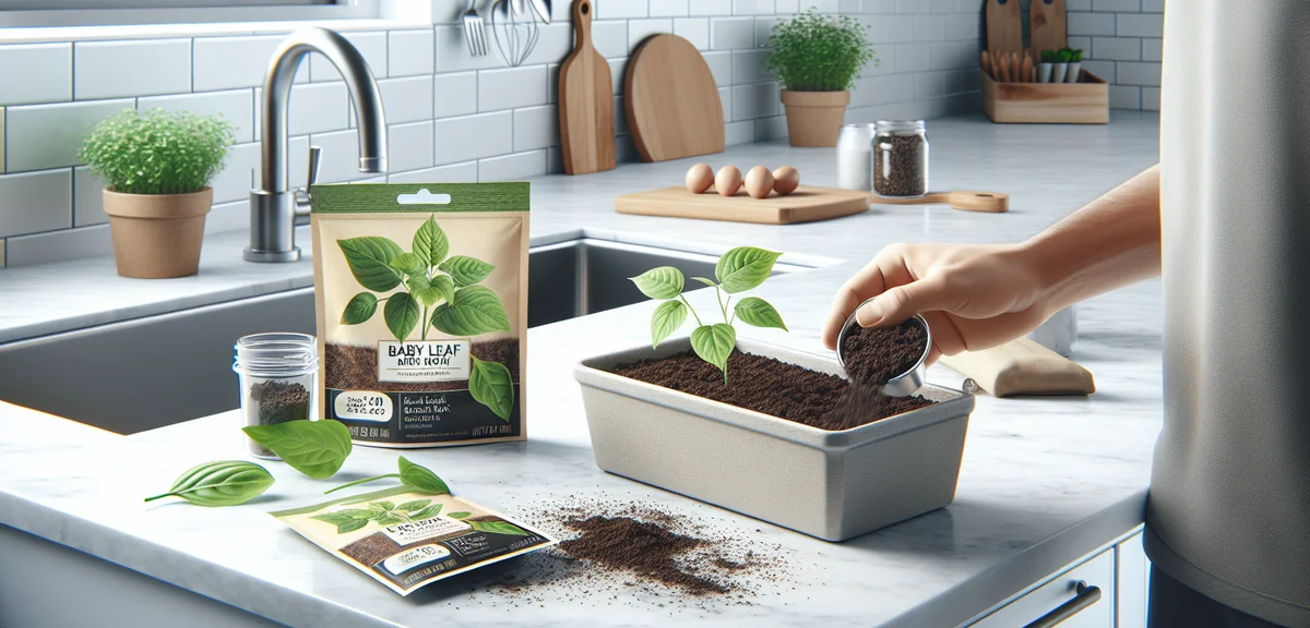A shallow planter being filled with potting soil on a kitchen counter. Small seed packets of baby le