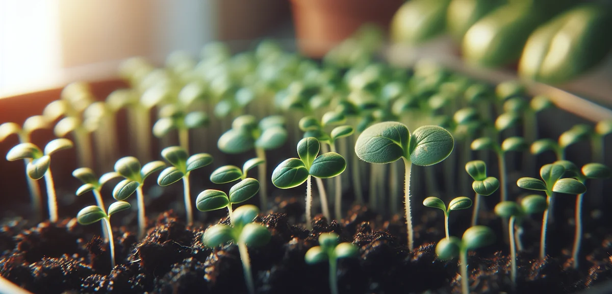 Close-up of baby leaf seedlings just emerging from soil in a planter, showing tiny green sprouts in 