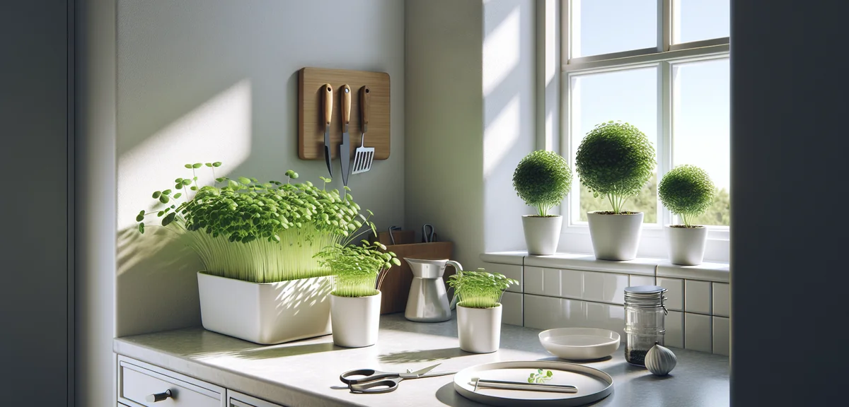 A small indoor herb garden setup on a bright kitchen windowsill with baby leaf greens growing in sma