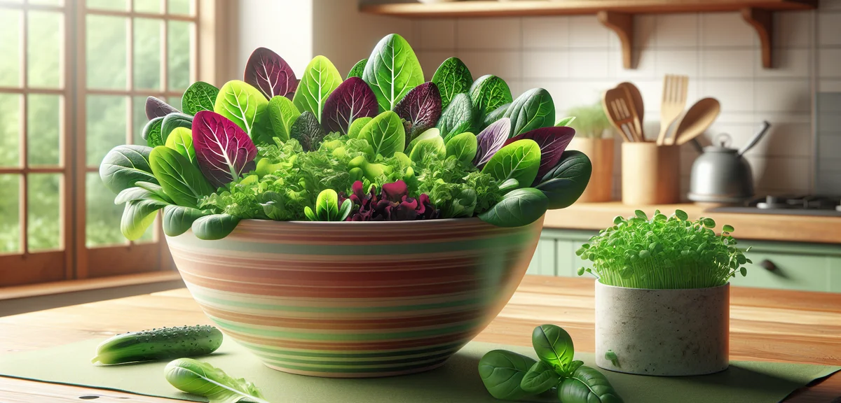 A colorful salad bowl filled with freshly harvested baby leaf greens of various colors and shapes, p